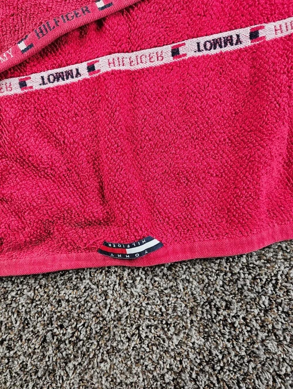 Vtg Y2K Tommy Hilfiger beach towel featuring a Classic Red stripe design